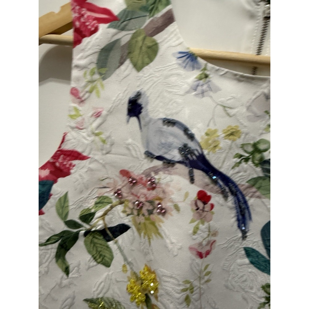 Fashion Classics White Floral Bird Jacquard Beaded Sleeveless Shift Dress Large - Picture 3 of 9